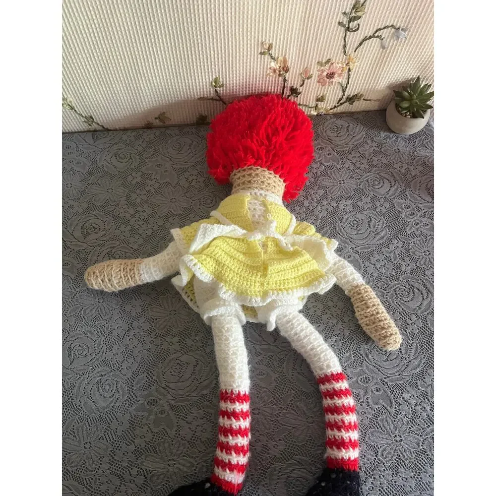 Handmade Crochet Raggedy Ann Style Doll Red Yarn Hair Yellow Dress About 22 In